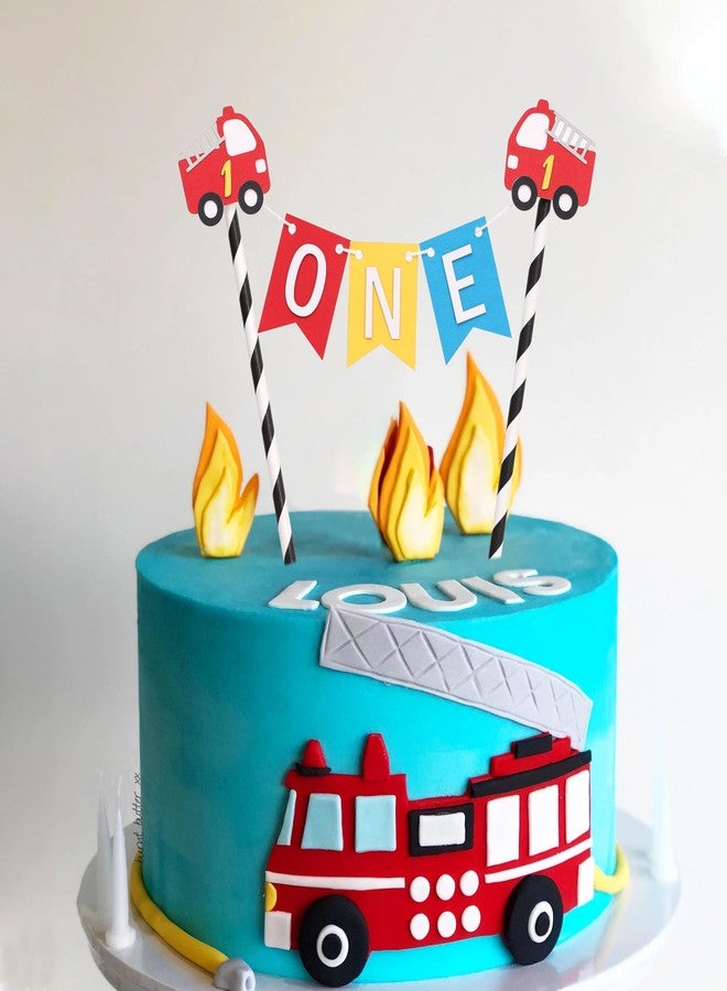 HIKLO Fire Engine 1st Birthday Cake Topper - Fire Engine Theme First Birthday Party Decorations, Boys Truck Party Supplies, Alarm Engine Cake Decoration, Little Firefighter Cake Smash Photo Props - Image 4